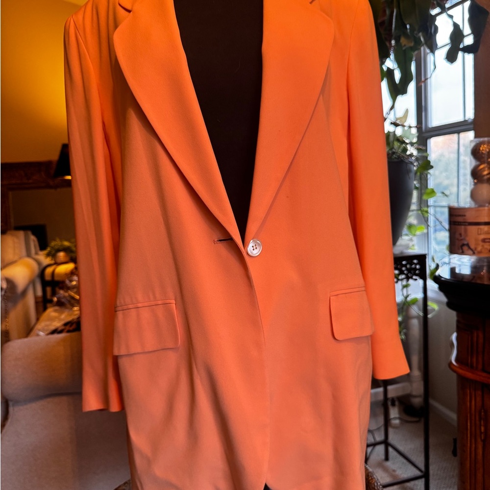 Ann Klein ll Notched-Collar Single-Button Blazer in Vibrant Peach Orange. Size L